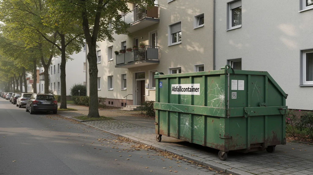 Ein großer Abfallcontainer steht vor einem Wohnhaus in einer von Bäumen gesäumten Straße. Der Container bietet Platz für die Entsorgung von Laminatresten und anderen Renovierungsabfällen, die bei der Verlegung von Bodenbelägen anfallen.